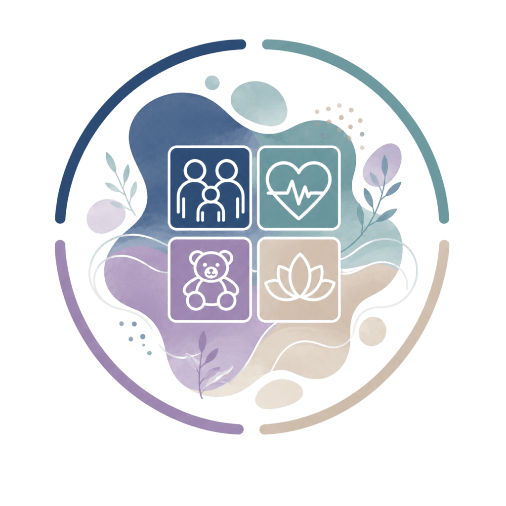 Four icons in a circular frame: a family, a heart with a heartbeat line, a teddy bear, and a lotus flower, on an abstract pastel background with leaf accents.